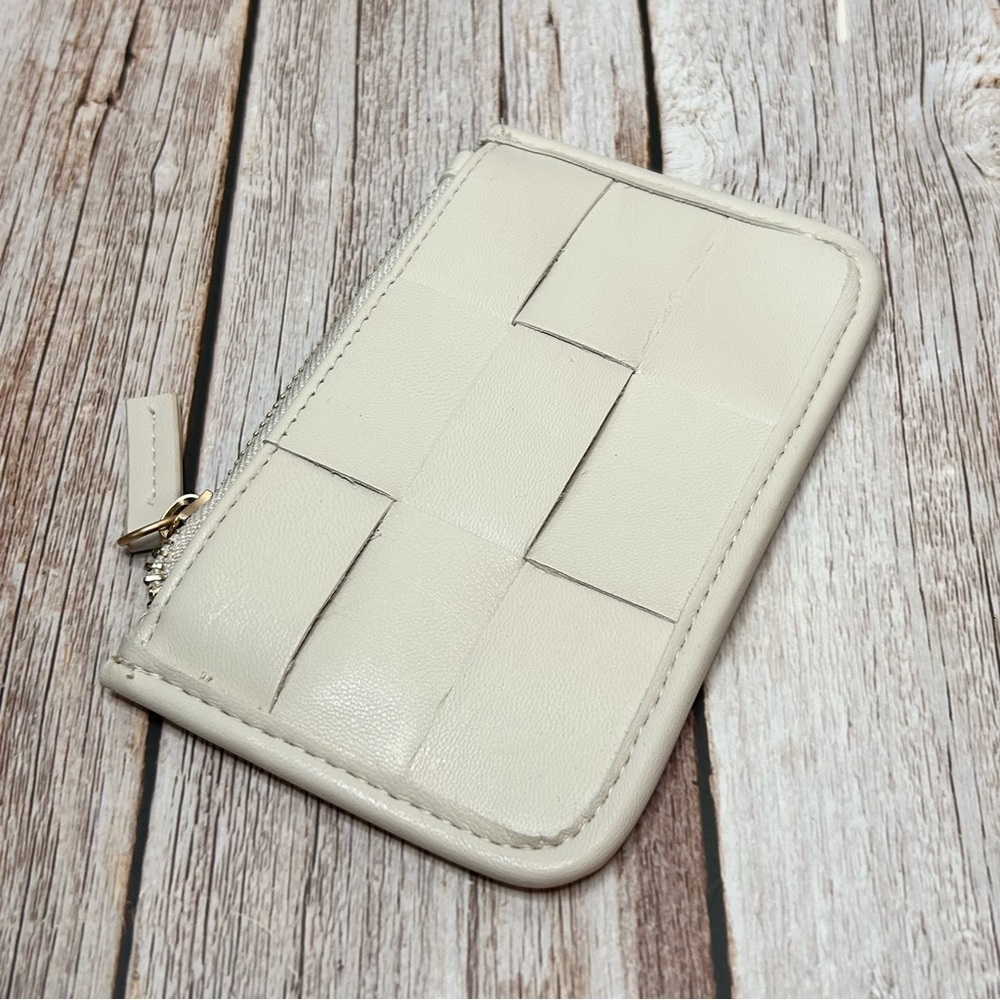 Beige Woven Leather Coin Pouch